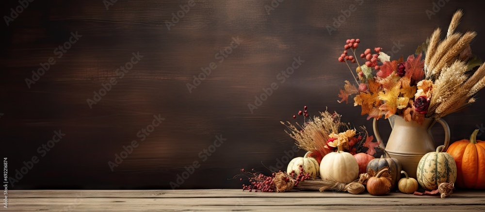 Poster beautiful table setting for thanksgiving day celebration on grunge brown background. copy space imag