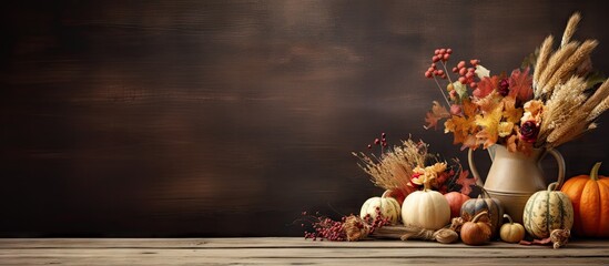 Beautiful table setting for Thanksgiving Day celebration on grunge brown background. Copy space image. Place for adding text or design