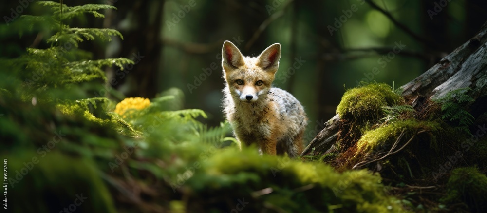 Poster amazing red fox in natural environment carpathian forest slovakia. copy space image. place for addin