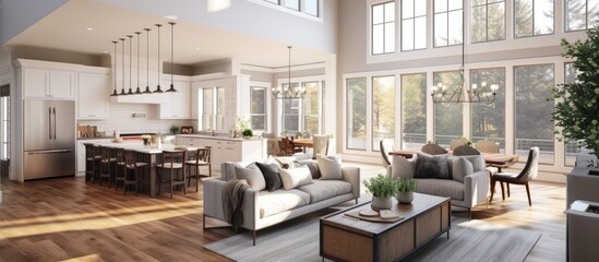 Beautiful living room interior in new luxury home with view of kitchen Home interior with hardwood floors and open floor plan showing dining room kitchen and living room Has high vaulted ceilin - obrazy, fototapety, plakaty