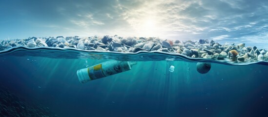 Ban plastic pollution on sea Infographics Period breaking plastic in water. Copy space image. Place for adding text or design