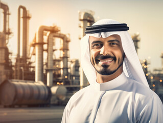 An Arab entrepreneur's success in the oil industry is evident as they stand beside an oil pump with a panoramic view of an expansive refinery in the background.