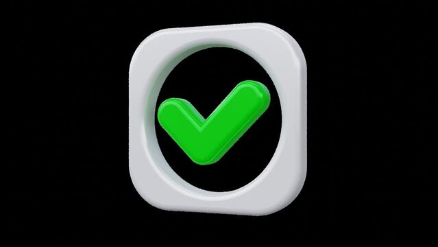 Checkbox green mark rotating icon, tick sign in white frame, 3d animation with transparent background, alpha channel