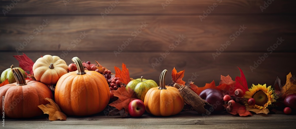 Poster autumn nature concept fall pumpkins and apples on wooden rustic table thanksgiving dinner. copy spac