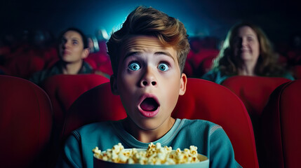 Thrilled boy holding popcorn and watching movie in cinema. Postproducted generative AI illustration. - obrazy, fototapety, plakaty