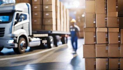 Warehouse worker loading shipment carton boxes on truck to warehouse storage. Logistics, supply chain and warehouse business concept.