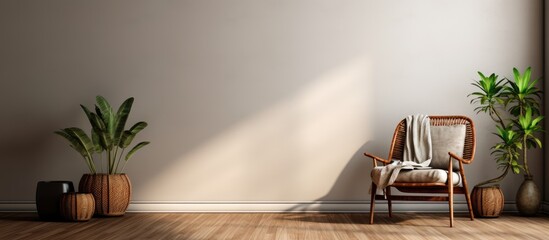 Basket with a blanket and brown carpet on the floor in living room with plants and black chair at desk. Copy space image. Place for adding text or design