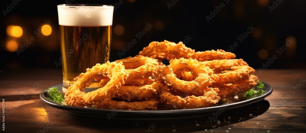 Poster basket of crispy onion rings with beer in the backgound. copy space image. place for adding text or 