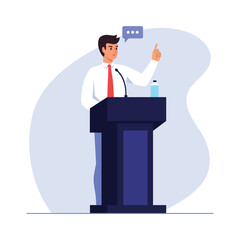 Vector illustration of a male speaker behind a podium. Cartoon scene of a man wearing a white shirt and red tie standing behind a podium with a microphone and a bottle of water and giving a speech