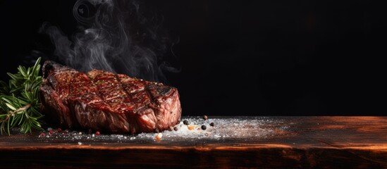 Barbecue dry aged wagyu entrecote beef steak roast with lettuce and salt as closeup on a charred wooden board. Copy space image. Place for adding text or design - obrazy, fototapety, plakaty