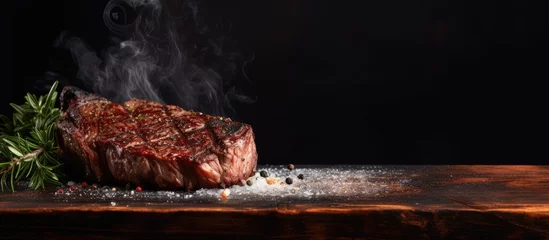 Fotobehang Barbecue dry aged wagyu entrecote beef steak roast with lettuce and salt as closeup on a charred wooden board. Copy space image. Place for adding text or design © Ilgun