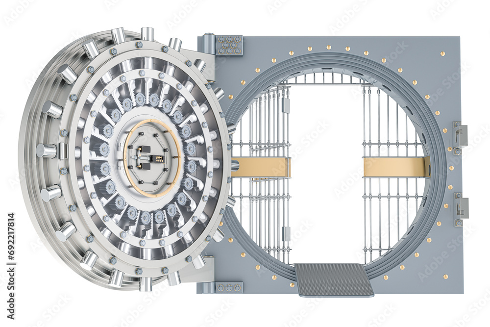 Poster empty opened bank vault door, 3d rendering isolated on transparent background