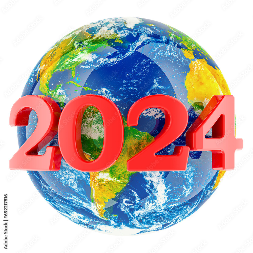 Poster new year 2024 with earth globe, concept. 3d rendering isolated on transparent background