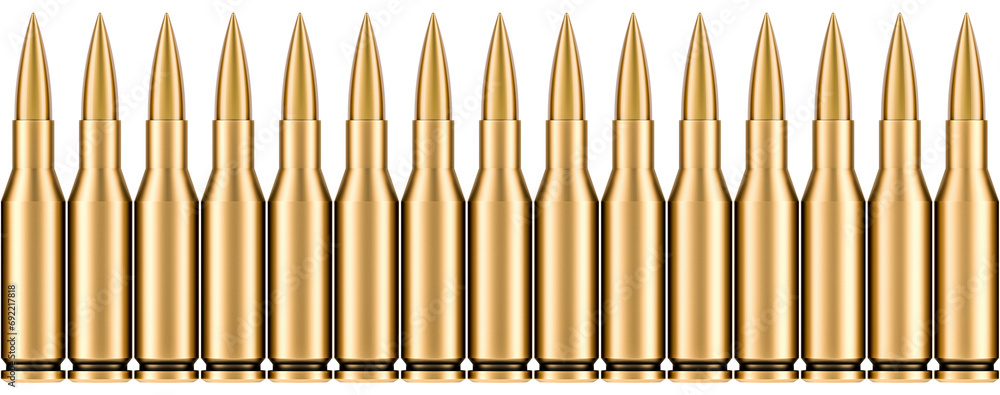 Poster row from assault rifle bullets, 3d rendering isolated on transparent background