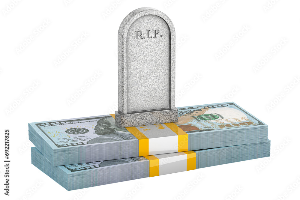 Poster gravestone with dollar packs. 3d rendering isolated on transparent background