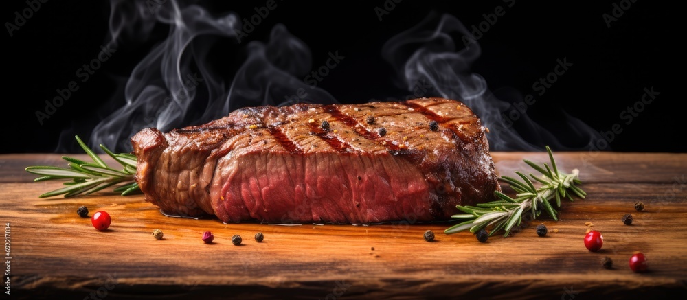 Poster beef steak with rosemary on a wooden table. copy space image. place for adding text or design
