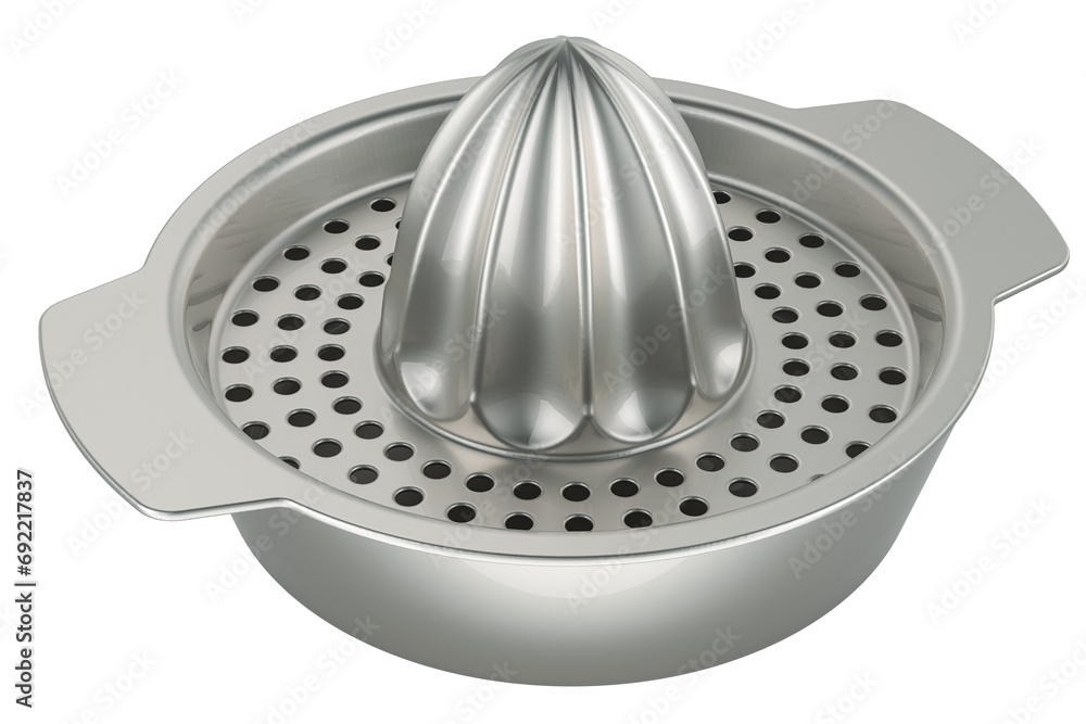 Poster citrus juicer manual squeezer, metallic. 3d rendering isolated on transparent background