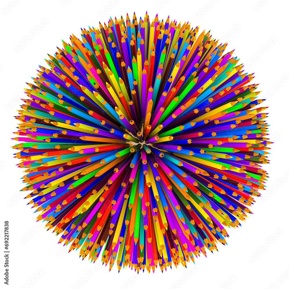 Poster sphere from colored pencils, 3d rendering isolated on transparent background