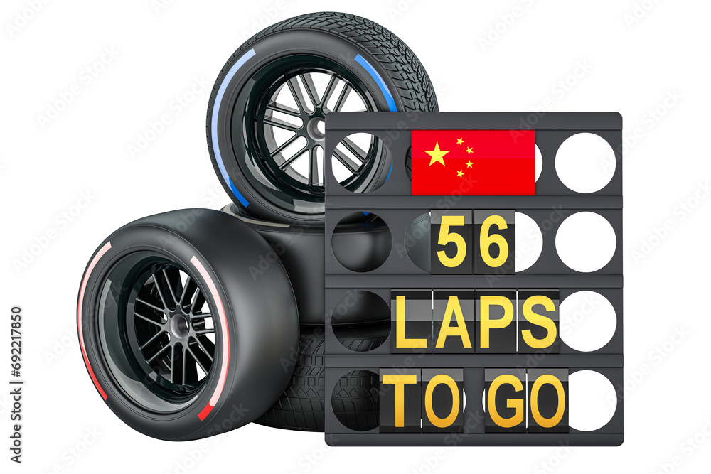 Poster chinese racing, pit board with flag of china and racing wheels with different compounds type tyres. 