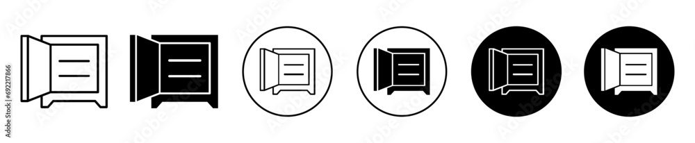 Poster open safe box icon. strongbox to secure private money for safety logo. metallic storage treasure saf
