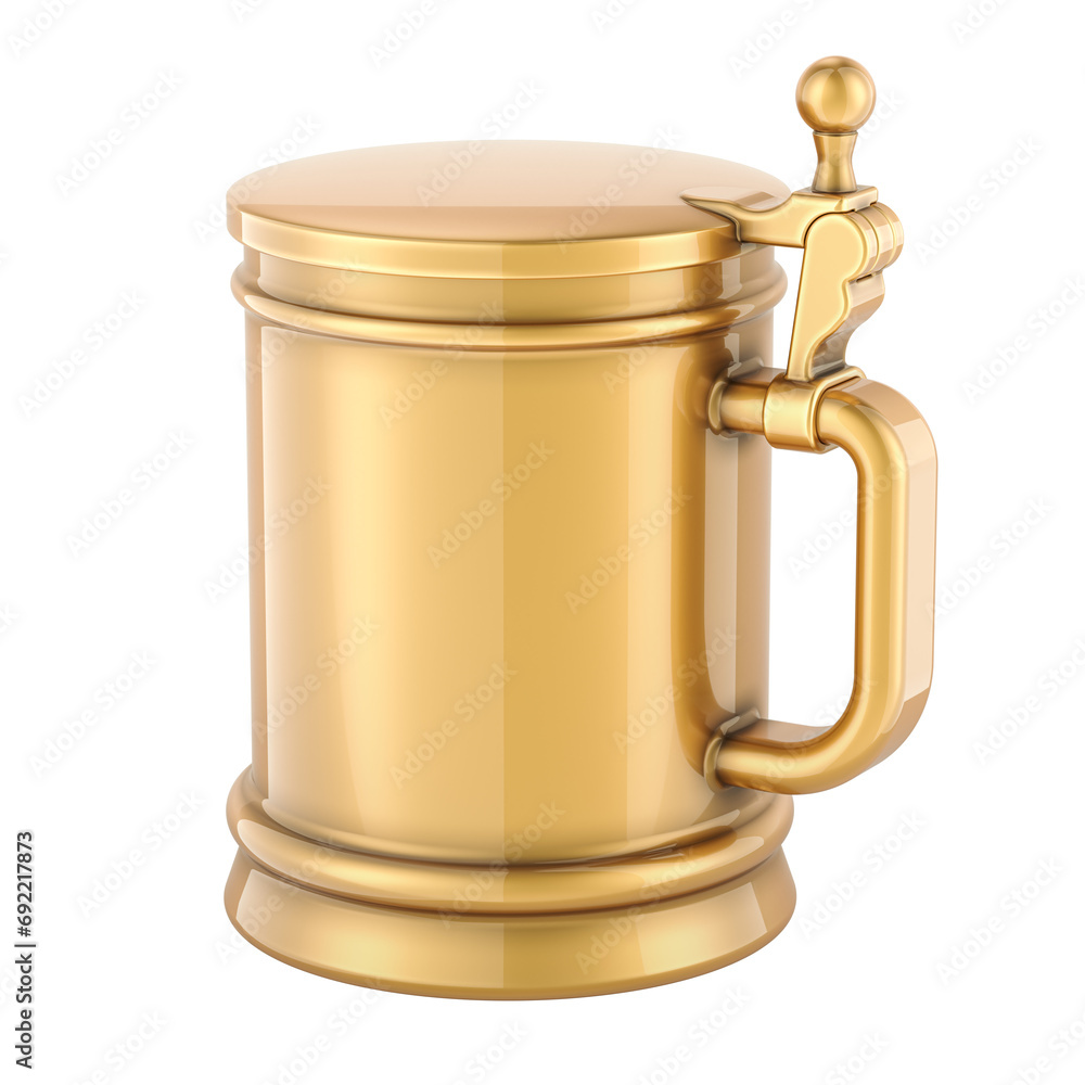 Poster golden beer mug with cap, 3d rendering isolated on transparent background
