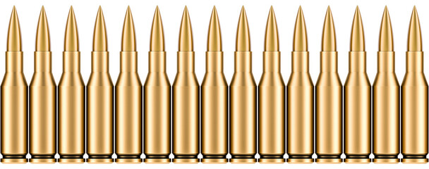 Row from assault rifle bullets, 3D rendering isolated on transparent background