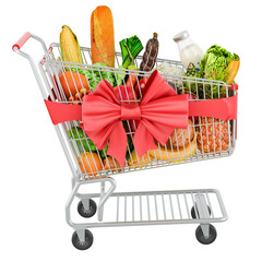 Shopping cart with red bow and ribbon full of grocery products, fruits and vegetables. 3D rendering isolated on transparent background