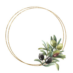 Watercolor hand painted nature circle frame with black and green olive branches bouquet and golden...