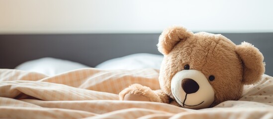 An adorable teddy bear laying in bed sick under the sheets. Copy space image. Place for adding text or design