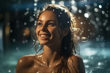 Poster Bella donna sorridente in una piscina in un centro termale con spruzzi di acqua e gocce di notte © Wabisabi