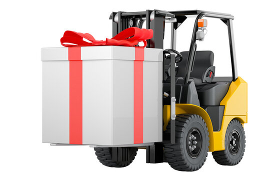 Gift delivery concept. Forklift truck with gift box. 3D rendering isolated on transparent background