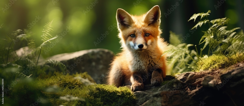 Poster amazing red fox in natural environment carpathian forest slovakia. copy space image. place for addin