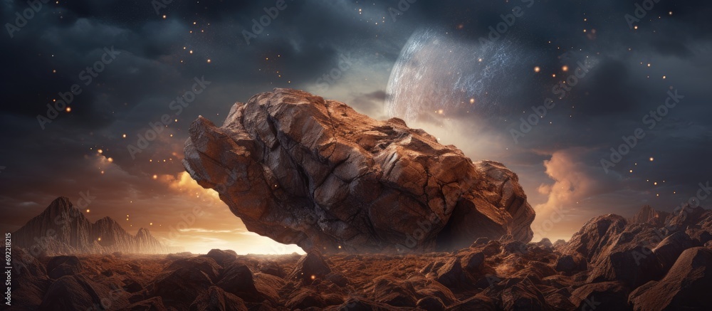 Poster alien rock with space background and a brown planet. copy space image. place for adding text or desi