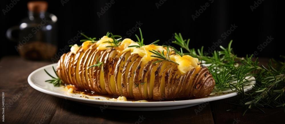 Sticker baked hasselback potato with cheddar cheese and rosemary. Copy space image. Place for adding text or design