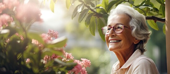 Attractive elderly woman sitting in the city among the greenery and smiling at the camera Caucasian...