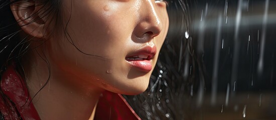 An Asian woman with profuse sweating A condition in which the body sweats abnormally through the skin. Copy space image. Place for adding text or design - obrazy, fototapety, plakaty
