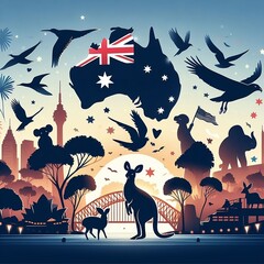 australia day celebration with silhouette animals to celebrate australia day australia day celebration with silhouette animals - obrazy, fototapety, plakaty