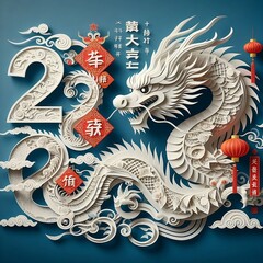 Chinese phrase means Year of the Dragon according to lunar calendar. Chinese New Year of the Dragon 2024 with paper art dragon  created with generative ai - obrazy, fototapety, plakaty