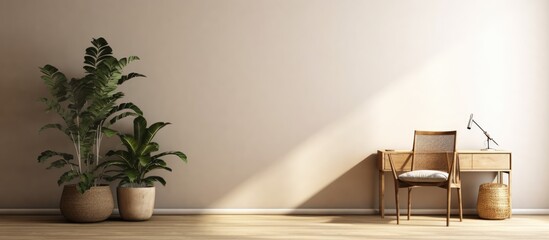 Basket with a blanket and brown carpet on the floor in living room with plants and black chair at desk. Copy space image. Place for adding text or design