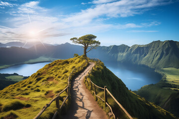  Mountain landscape with hiking trail and view of beautiful lakes Ponta Delgada, Sao Miguel Island, Azores, Portugal. - obrazy, fototapety, plakaty