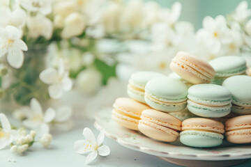 A delicate display of pastel macarons on a floral plate with white spring blossoms in the background.
