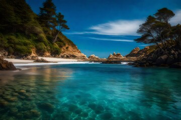 Fototapeta na wymiar Coastal Serenity: Portray a serene coastal scene with azure skies meeting tranquil waters, capturing the essence of relaxation