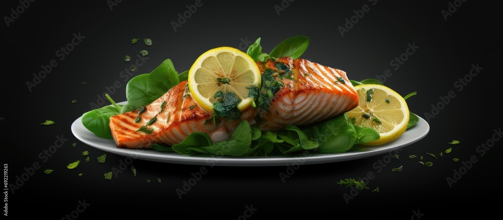 Poster baked salmon steak with spinach and lemon slice. copy space image. place for adding text or design