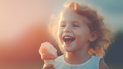 Happy child eating ice cream. Cute little blond girl has a beautiful innocent smile 