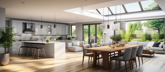 Beautiful kitchen interior in stunning new luxury home with dining room and view of living room with fireplace Spacious open floor plan design. Copy space image. Place for adding text or design