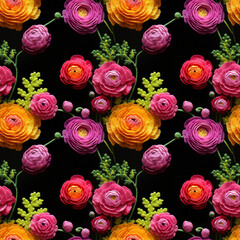 Hyper Realistic Crochet Cross Stitch Purple, Orange, Pink, and Yellow Ranunculus Seamless Pattern
