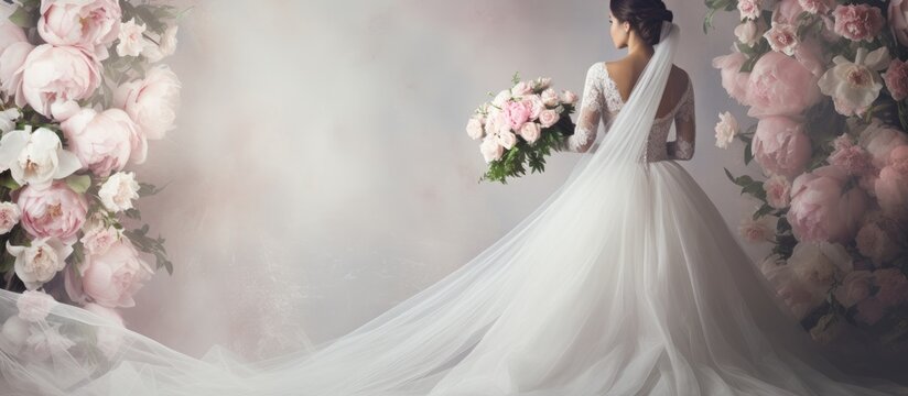 Beautiful slim bride with the bouquet of peonies in the elegant classic white wedding dress with a trial is posing indoor Light studio shot. Copy space image. Place for adding text or design