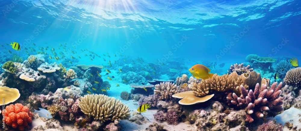 Poster beautiful colorful corals on a tropical coral reef in the similan islands. copy space image. place f