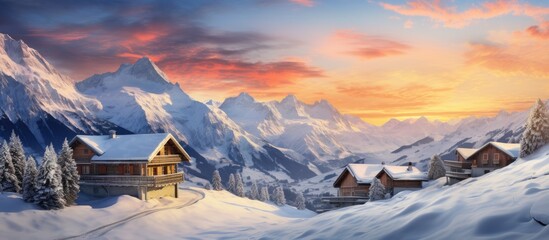 Beautiful view of snow covered houses in village Majestic mountain range against cloudy sky during sunset Holiday homes in alpine region during winter. Copy space image - obrazy, fototapety, plakaty