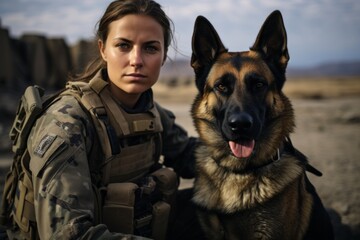Military woman with German shepherd dog on the background of the mountains. - obrazy, fototapety, plakaty